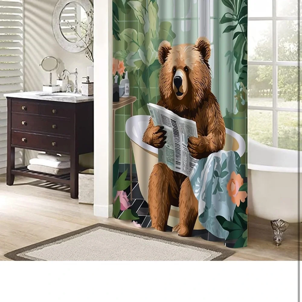 Bear Print Shower Curtain - Green and Brown